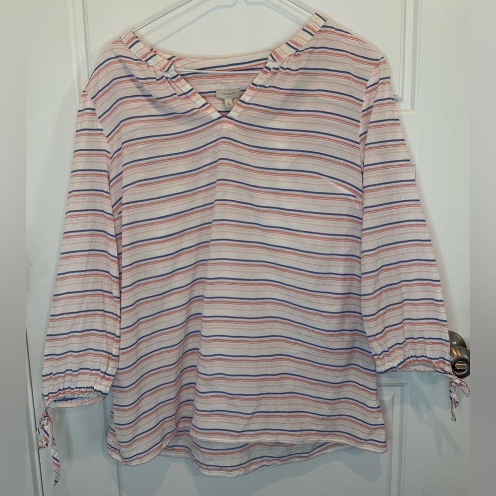 Talbots Blouse Shirt Top White Orange Blue Stripe Tie 3/4 Sleeve Size Medium EUC